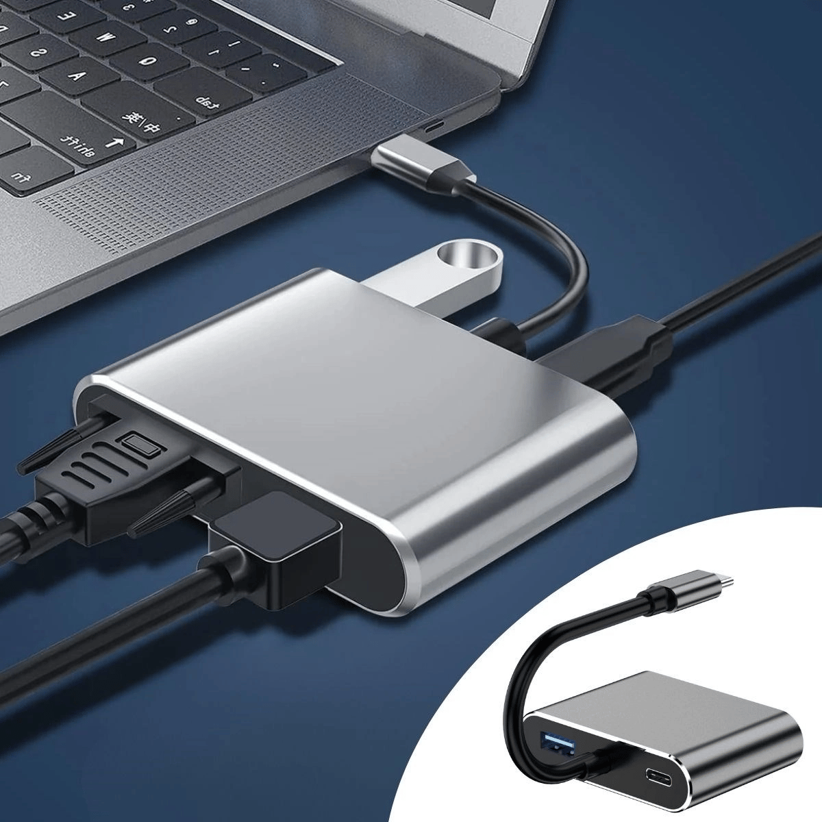 4’ü 1 Arada Type-c To Hub Dönüştürücü Adaptör – 4k Ultra Hd Hdmı & Vga Görüntü Aktarımı, Pd Hızlı Şarj Destekli, Usb Çoklayıcı Bx40