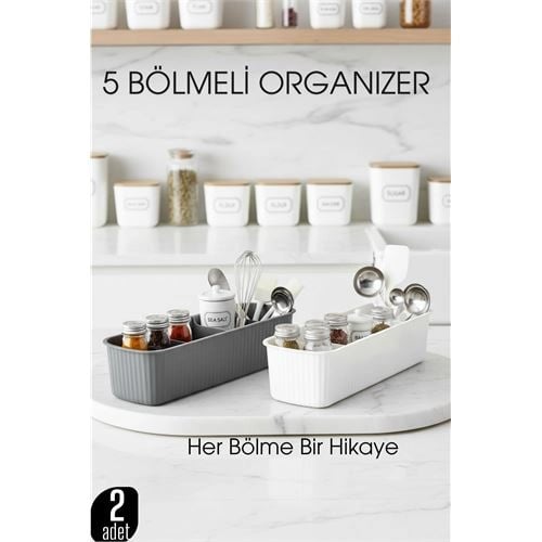 5 Bölmeli Mutfak Organizer Kutusu Gri & Beyaz 2’li Set  Baharat ve Gereç Düzenleyici  722441