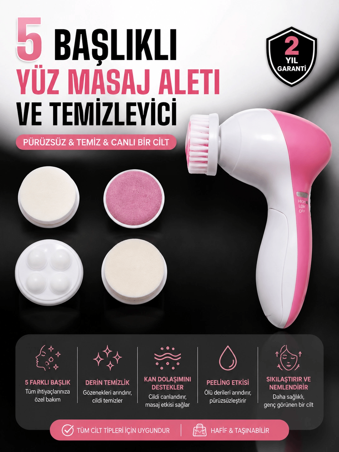 5 Fonksiyonlu Kablosuz Yüz Temizleme Cihazı ile Derinlemesine Cilt Bakımı