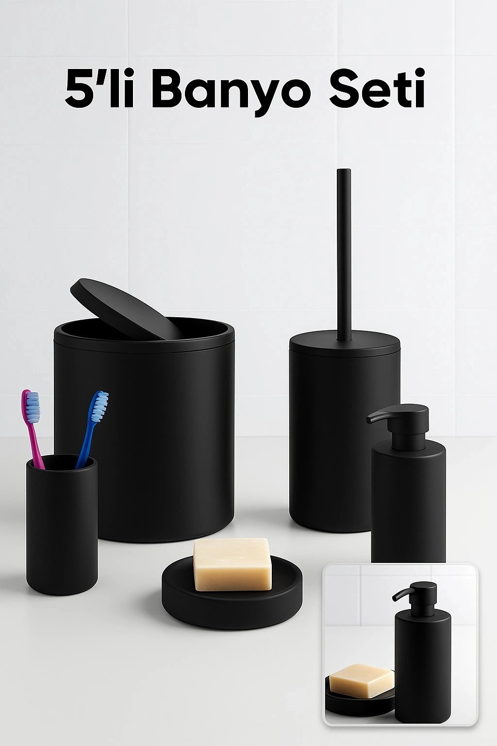 5 Parça Siyah Banyo Seti Yuvarlak Çöp Kovası Tuvalet Fırçası Sabunluk Fırçalık Modern