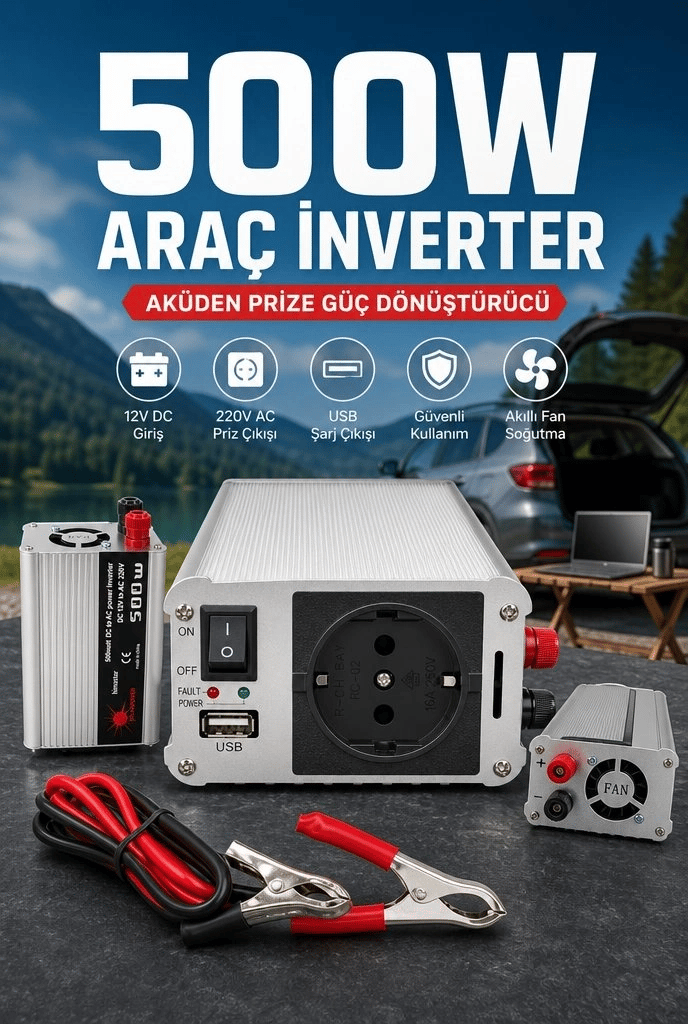 500W Fanlı Akü İnverteri 12V DC Giriş 220V AC Çıkış USB Portlu Taşınabilir Araç Kullanımı