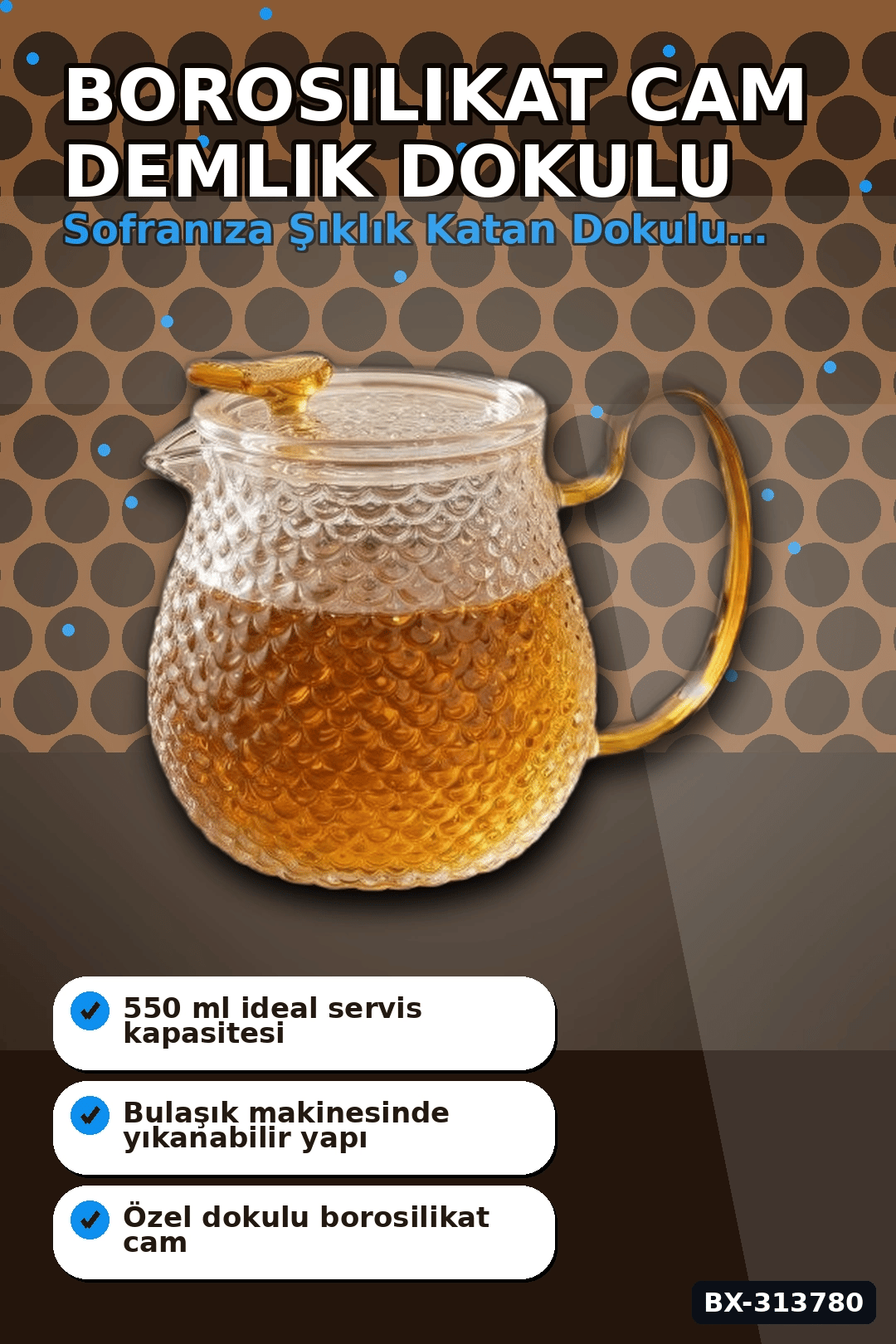 550 Ml Borosilikat Cam Demlik Isıya Dayanıklı Dokulu Gövdeli Kapaklı Detay BX-313780