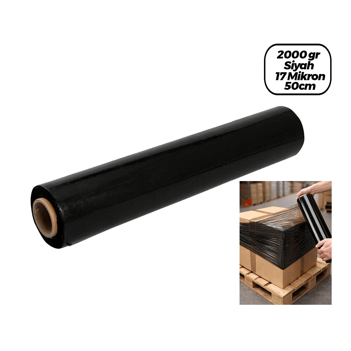 6 Adet Brüt: 2000gr = Net Streç: 1500gr Siyah Koli - Palet Streç Film 17 Mikron 50cm Bx40