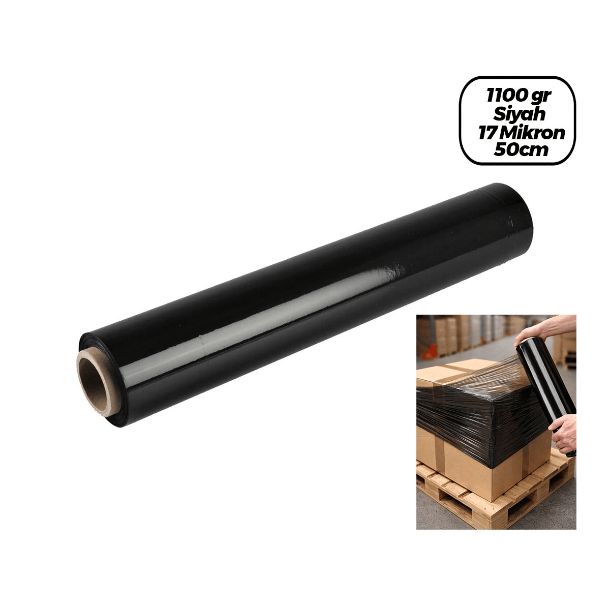 6 Adet Brüt:1100gr = Net Streç :600gr Siyah Koli - Palet Streç Film 17 Mikron 50cm Bx40