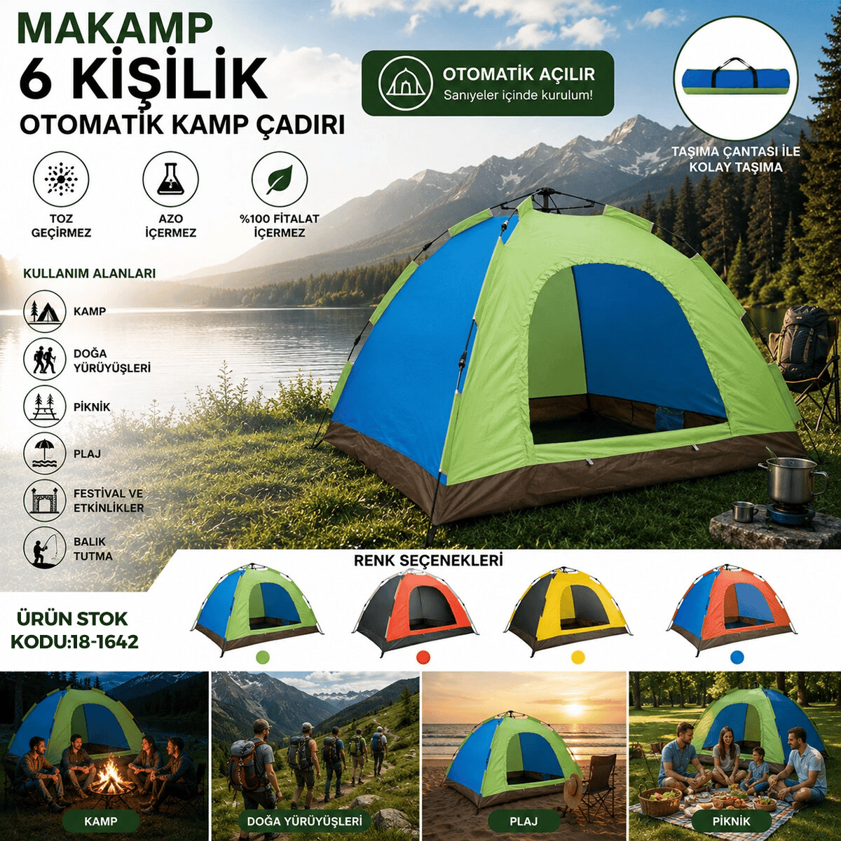 6 Kişilik Toz Geçirmez 220cmx250cmx165cm Otomatik Kamp Çadır Herhangi Bir Renk Gönderilir Bx40