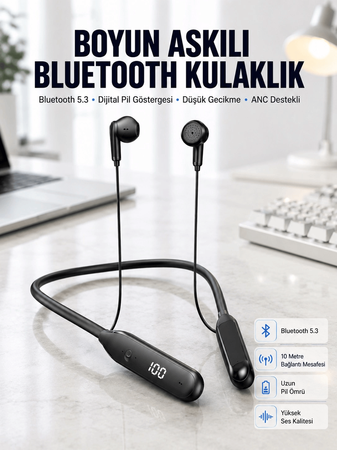 60 Saat Kablolu Boyun Askılı Dijital Göstergeli Bluetooth Kulaklığı Yeni Nesil