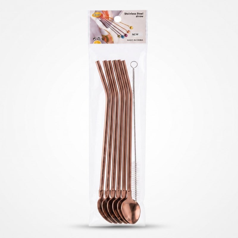 6'lı Kaşıklı Pipet Seti - Bronz - Pipet Temizleme Fırçası