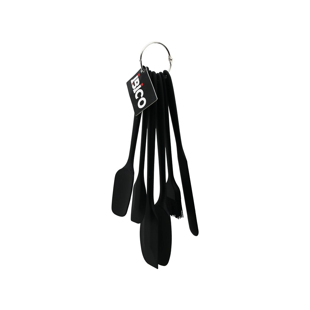 6pcs  Silikon - Siyah Mutfak Seti 2 Kaşık - 3 Spatula - Yumurta Fırça  Metal Asma Halkalı Bx40