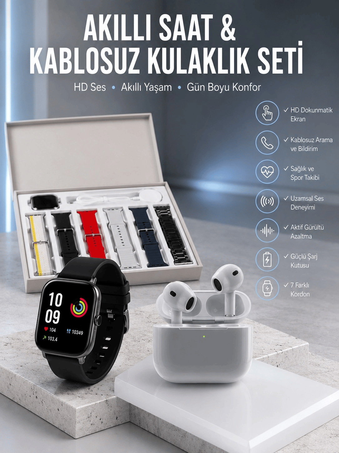 7 Kordonlu Akıllı Saat Ve 3.Nesil Kulaklık Dokunmatik Ekran Sesli Görüşme Yapabilen