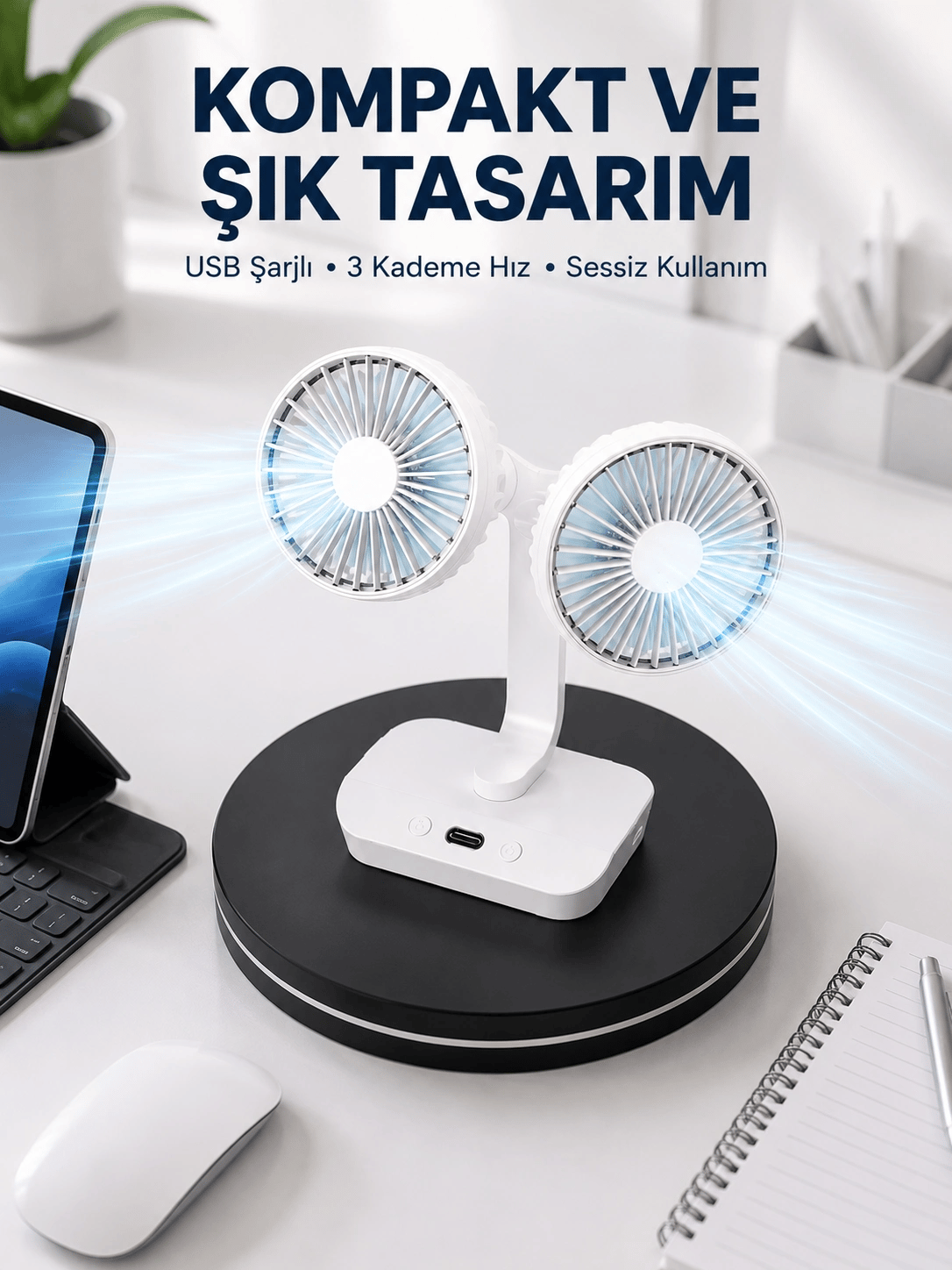 720° Döner Çift Taraflı Masaüstü Vantilatör – USB Şarjlı Sessiz Fan