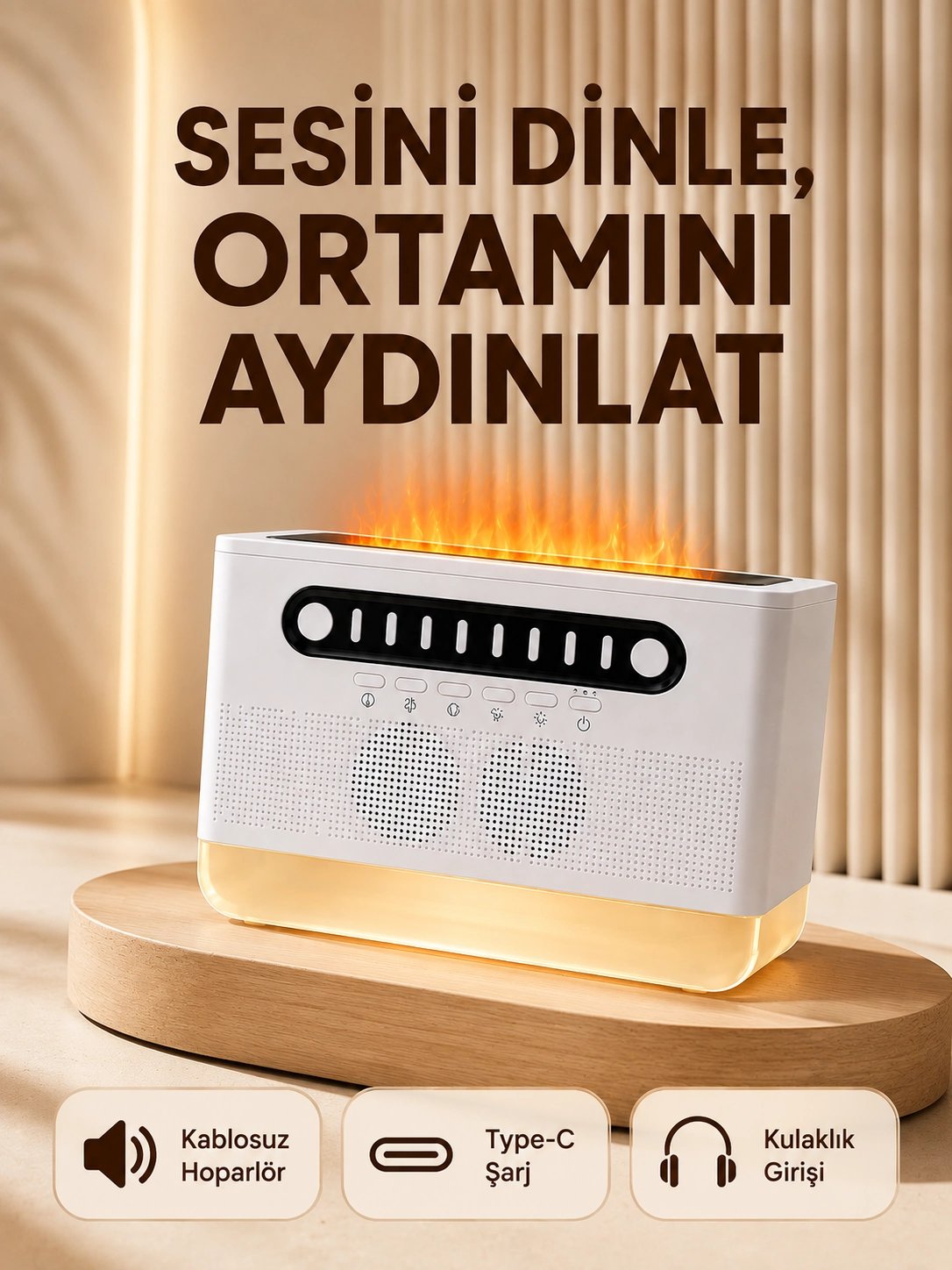 8 Çeşit Beyaz Gürültülü Kablosuz Hoparlör ve Renkli Alev Efektli Gece Lambası