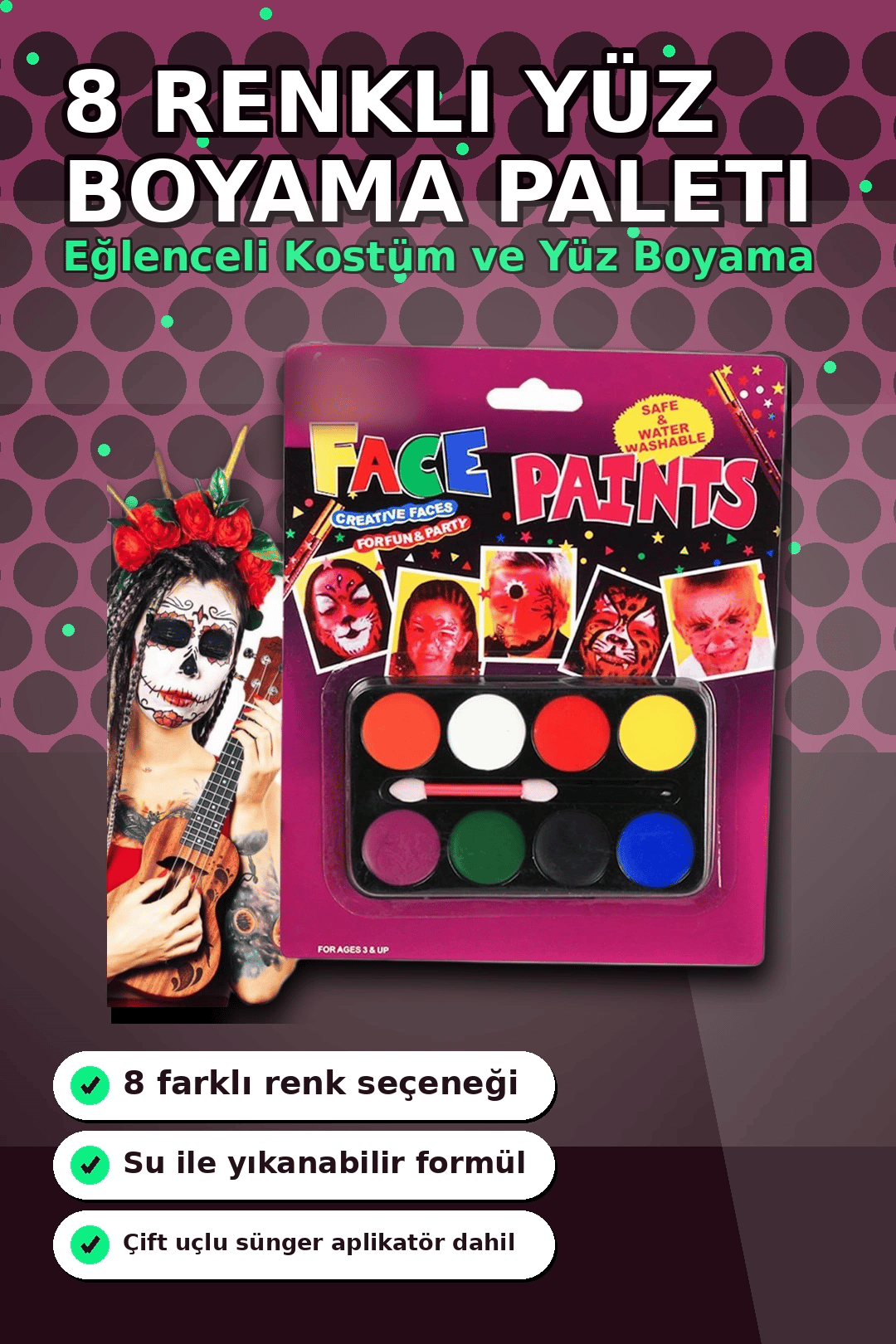 8 Renkli Yüz Boyama Paleti Fırça Hediyeli - Çocuk Parti Makyaj Seti 1 Adet BX-313451