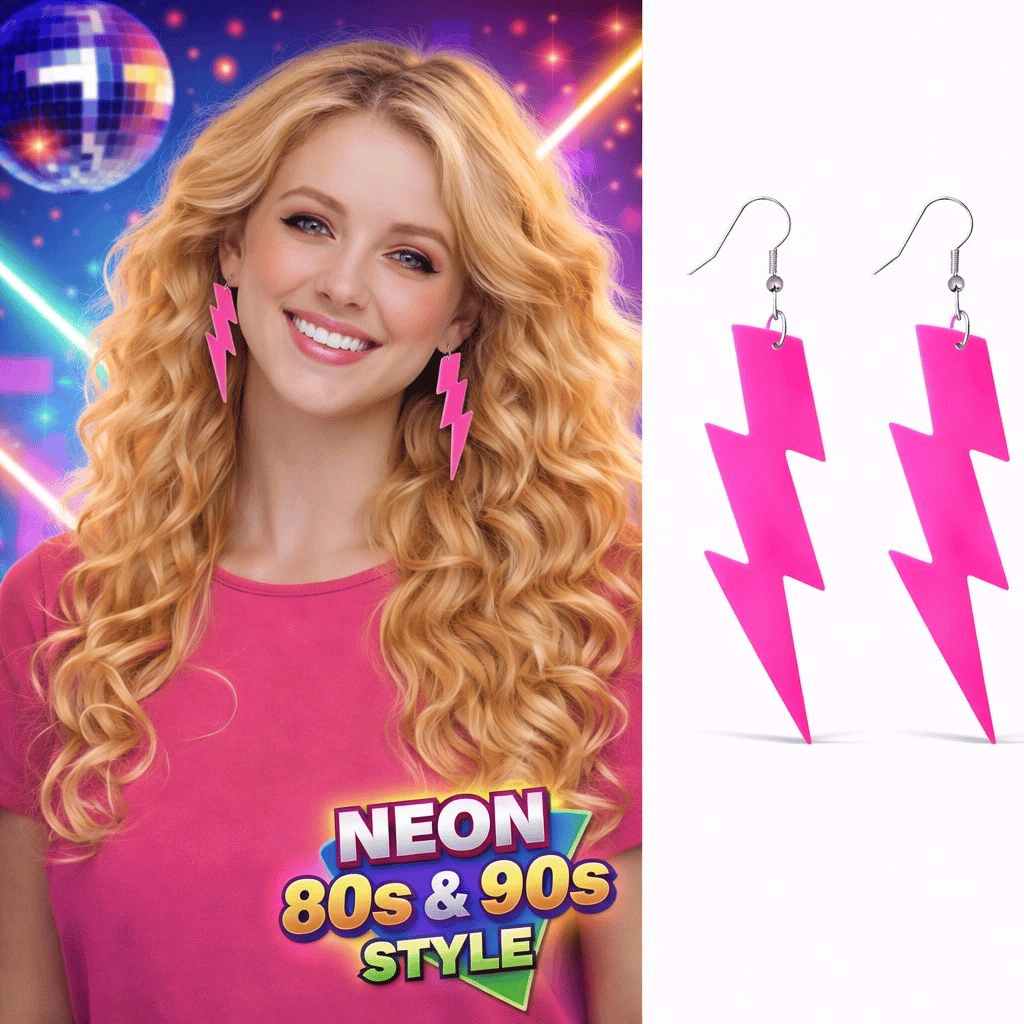 80’ler 90'lar Retro Neon Pembe Şimşek Küpe 10 Cm Bx40