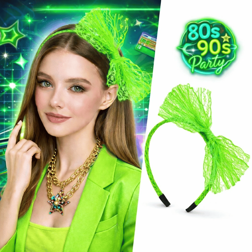 80’ler 90’lar Neon Yeşil Dantel Taç Fiyonklu