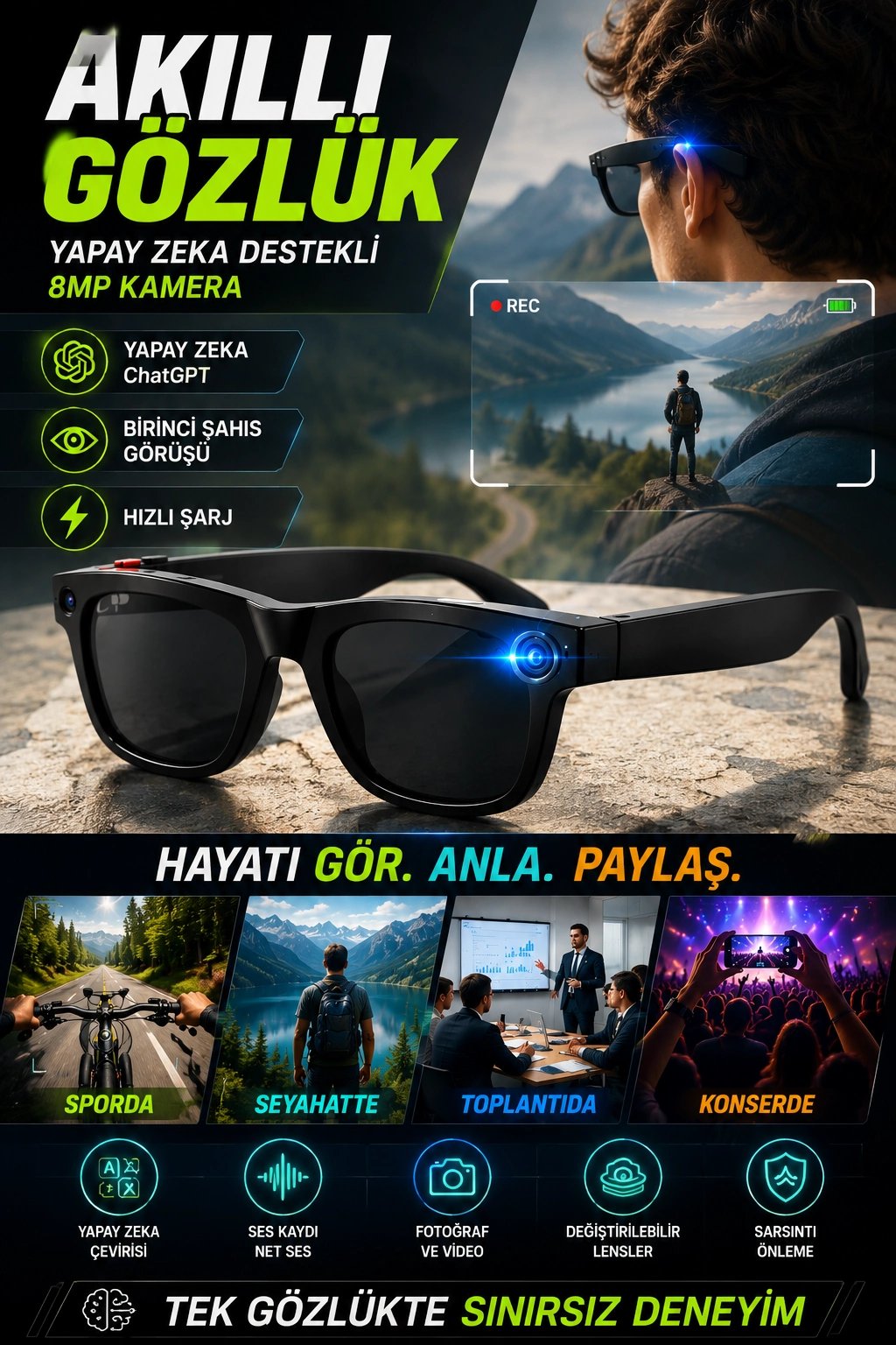 8MP Kameralı ChatGPT Destekli Akıllı Gözlük Yapay Zeka Çeviri ve Ses Kayıt Özellikli