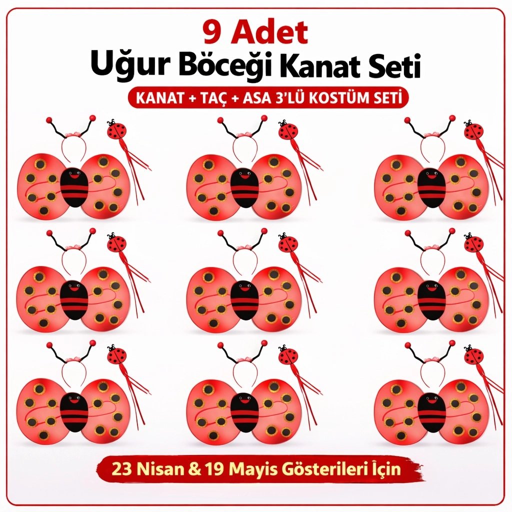 9’lu Uğur Böceği Ateş Böceği Kostüm Seti – Kanat Taç Asa