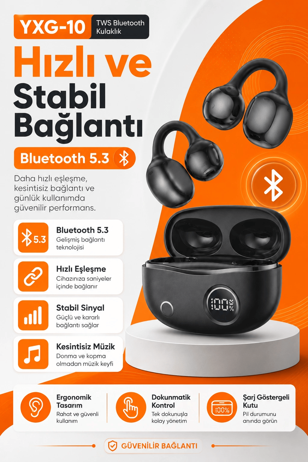 Açık Kulak Tasarımlı Kablosuz Kulaklık Spor Ve Günlük Kullanım İçin Şarjlı Set