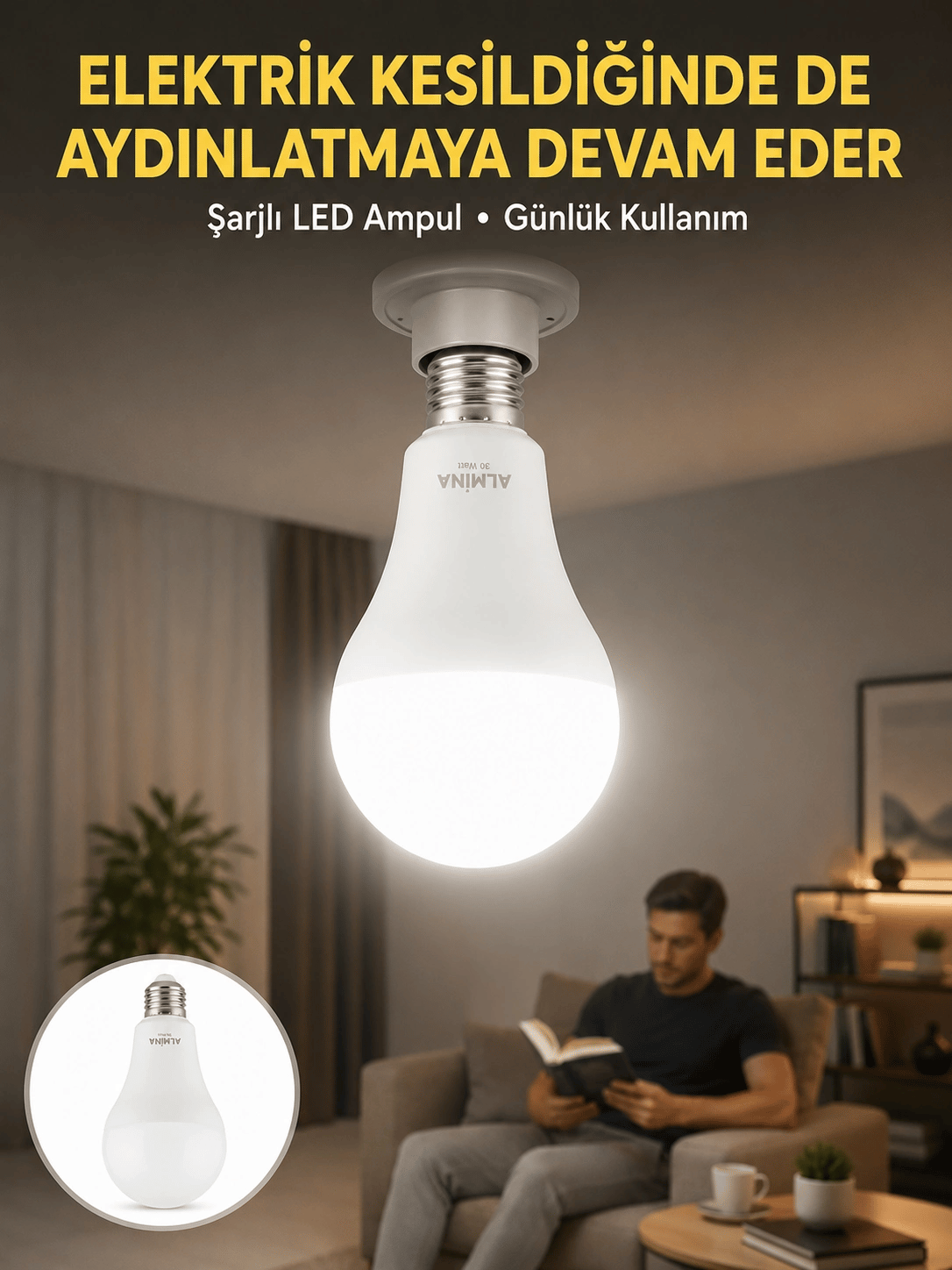 Acil Durumlar İçin Şarjlı LED Ampul 6400K Soğuk Beyaz 30 Watt Yeni Nesil