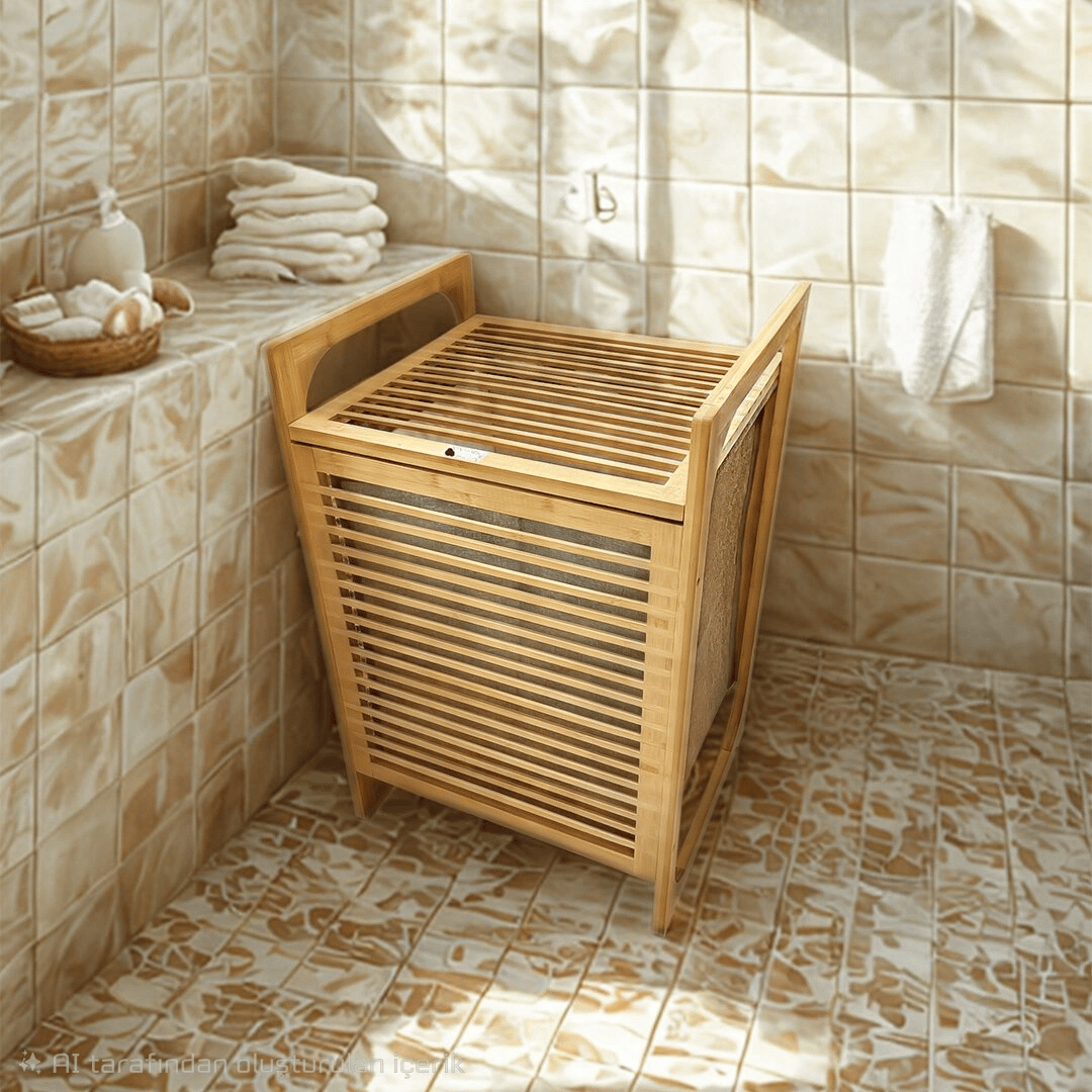 Ahşap Bambu Kirli Çamaşır Sepet Kumaş Çantalı Sepet=40x35x60cm Bx40