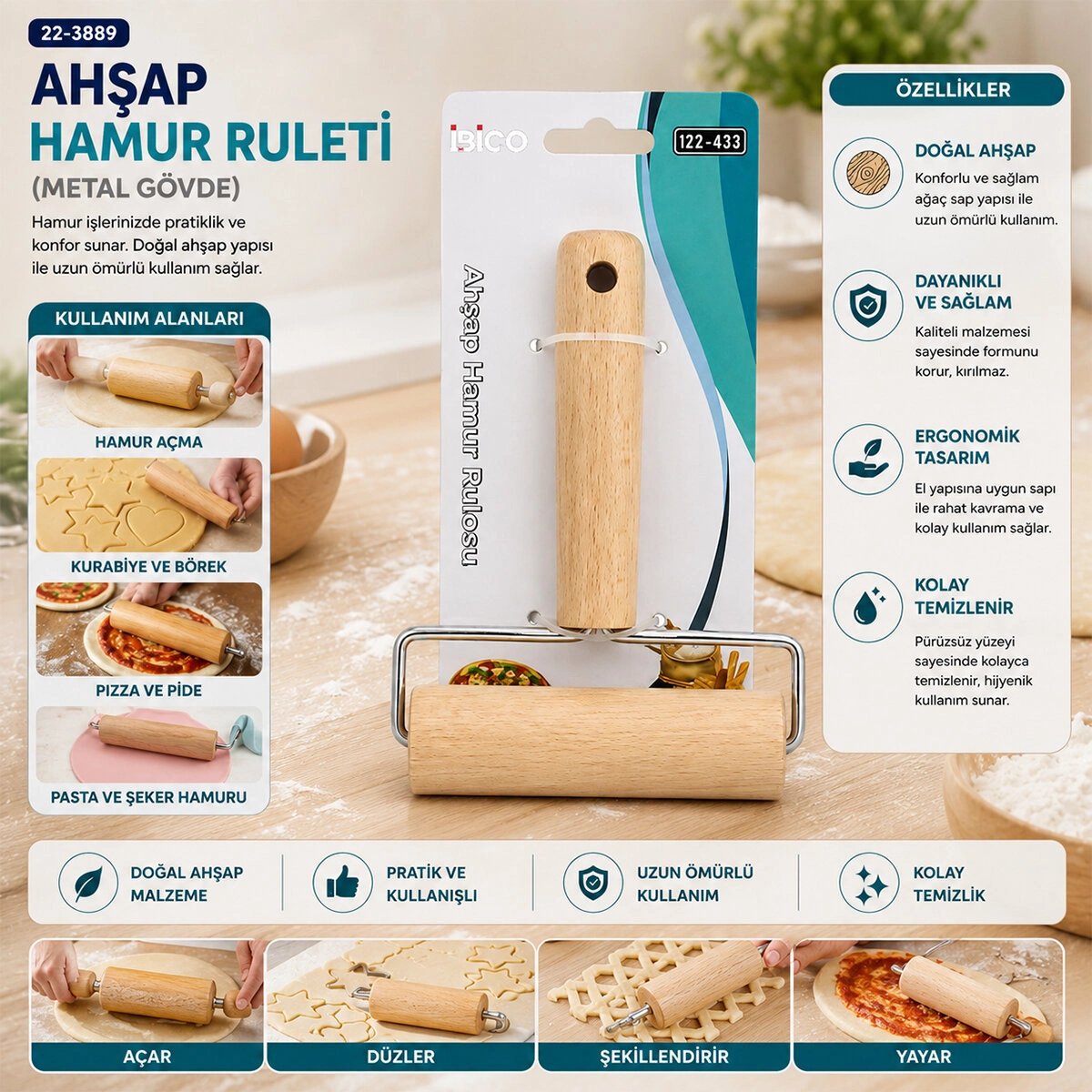 Ahşap Hamur Ruleti Metal Gövde Bx40