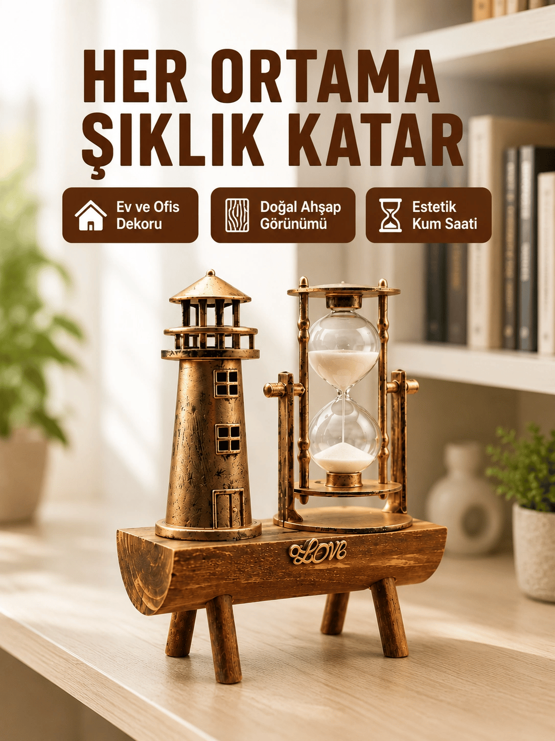 Ahşap Kum Saati ve Deniz Feneri Figürü Bir Arada  Ev Ofis Dekorasyonu Yeni Nesil