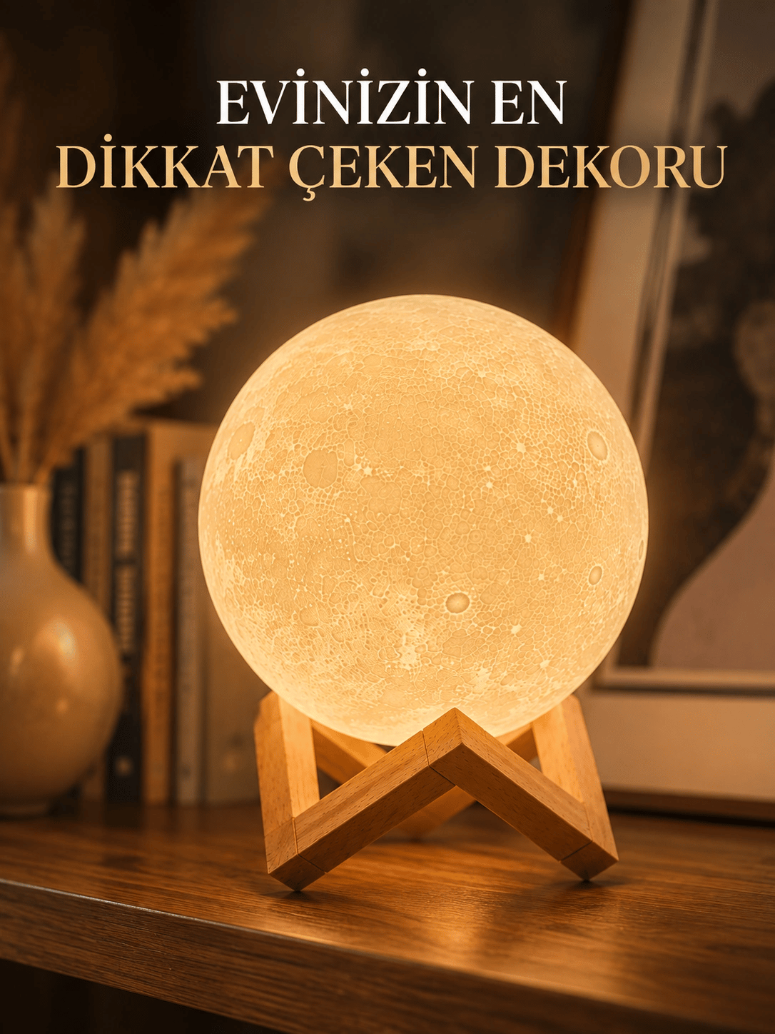 Ahşap Standlı Ay Gece Lambası Ev ve Ofis Dekorasyon Lambası