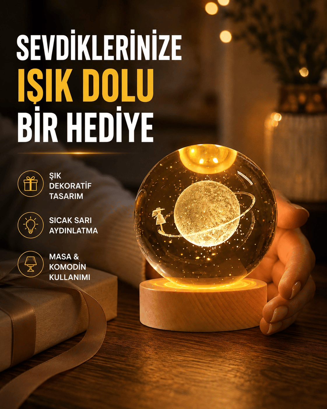 Ahşap Standlı Sarı Işıklı Dekoratif Küre Kız Figürü Tasarım
