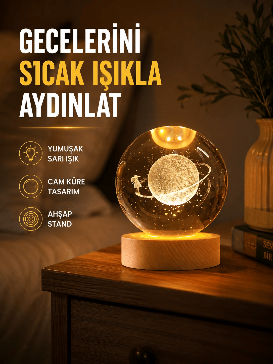 Ahşap Standlı Sarı Işıklı Dekoratif Küre Kız Figürü Tasarım