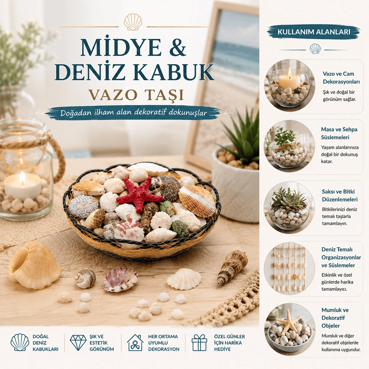 Ahşap Yuvarlak Sepet - Fileli Renkli Mix Midye - Deniz Kabuk Vazo Taşı Bx40