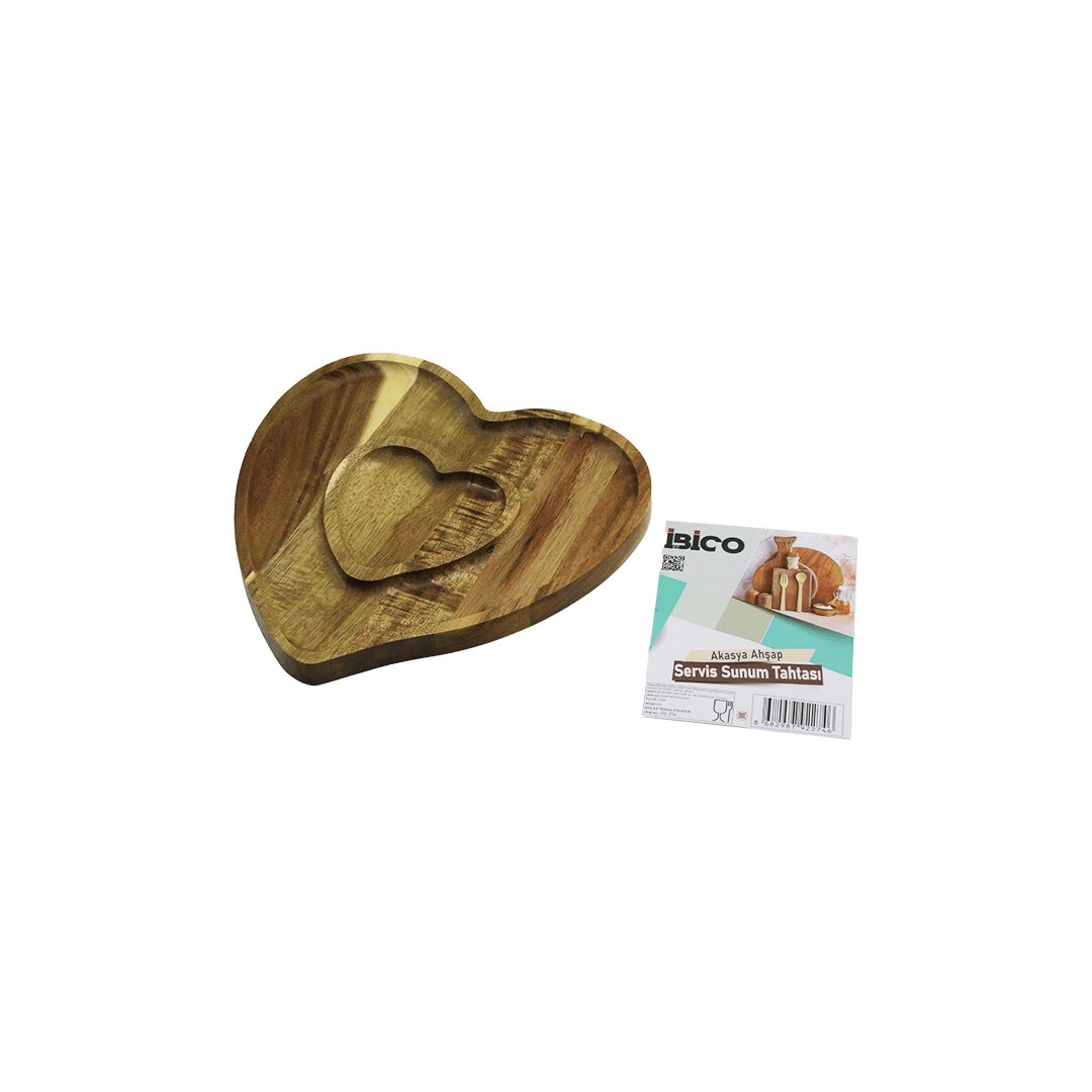Akasya  Kalp Model   2 Bölmeli=1+1  Ahşap Bambu Servis Sunum Tepsi - Tahtası  20.5 X 19.5 X 1.4cm Bx40