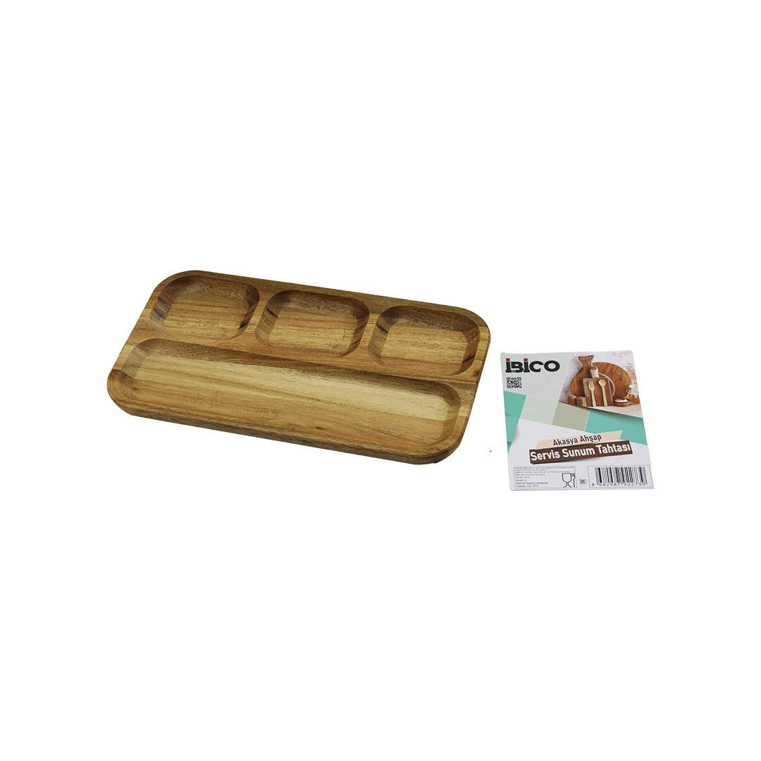 Akasya Dikdörtgen  4 Bölmeli=3+1  Ahşap Servis Sunum Tepsi - Tahtası  25 X 14 X 1.4cm Bx40
