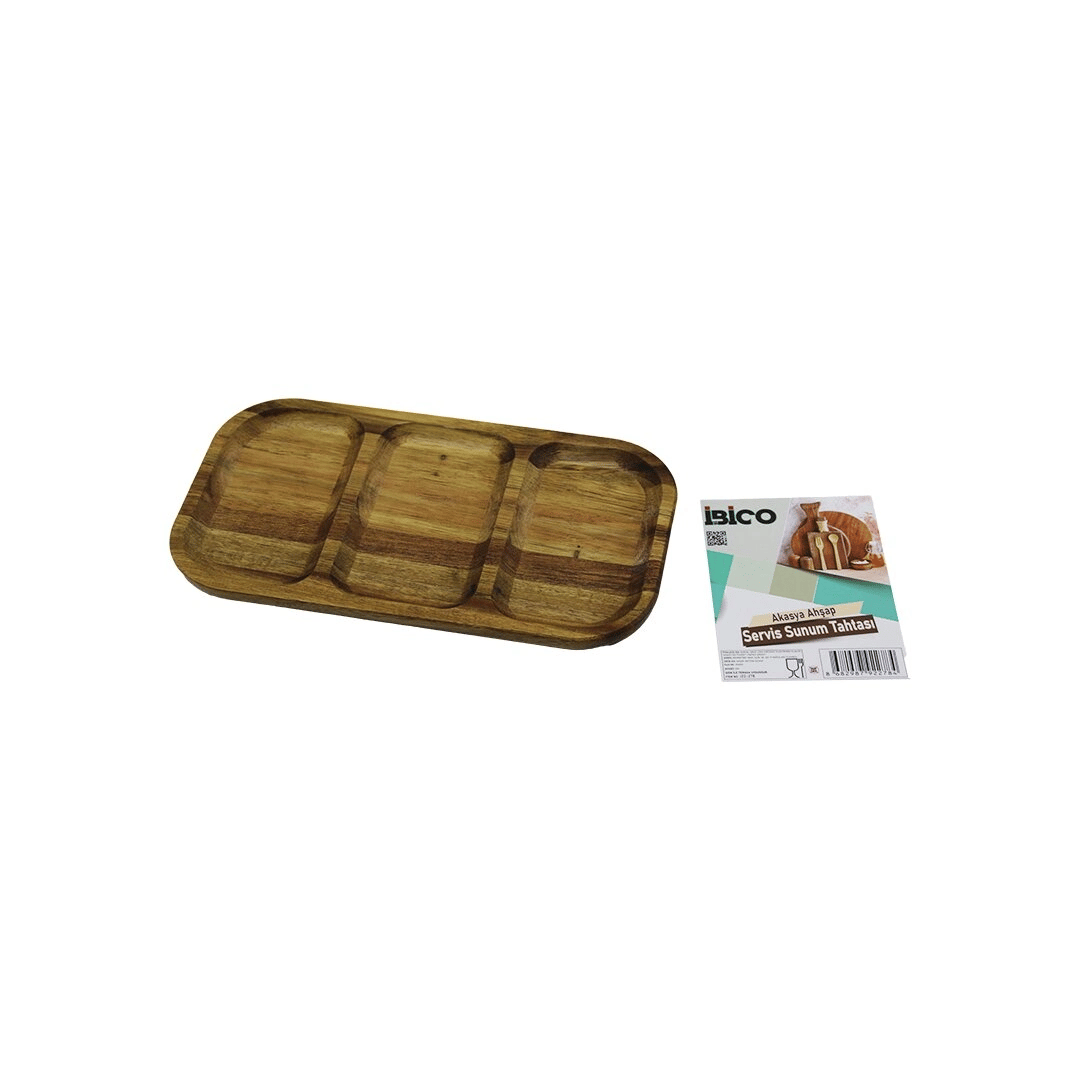 Akasya Dikdörtgen 3 Bölmeli=2+1  Ahşap Servis Sunum Tepsi - Tahtası  25 X 14 X 1.4cm Bx40