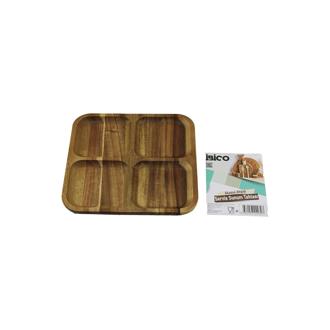 Akasya Kare 4 Bölmeli  Ahşap Servis Sunum Tepsi - Tahtası  20 X 1.4cm Bx40