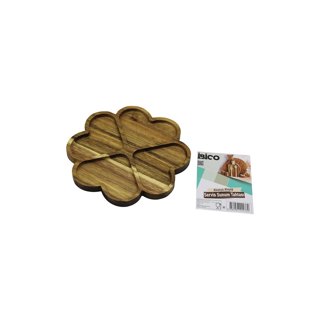 Akasya Yuvarlak  4 Kalp Bölmeli  Ahşap Servis Sunum Tepsi - Tahtası  21 X 1.4cm Bx40