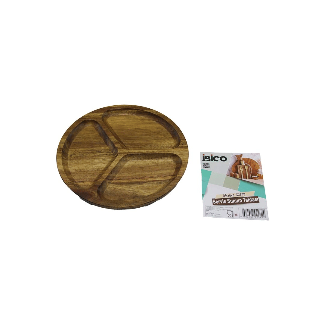 Akasya Yuvarlak 3 Bölmeli  Ahşap Servis Sunum Tepsi - Tahtası  20 X 1.4cm Bx40