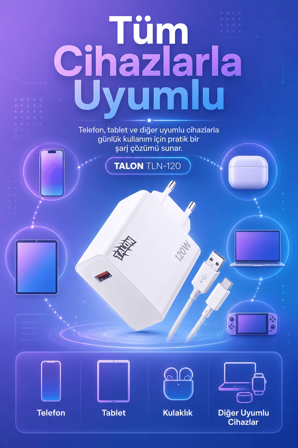 Akıllı Çip Korumalı 120W Hızlı Şarj Cihazı Kablo Dahil Güvenli Dolum Seti
