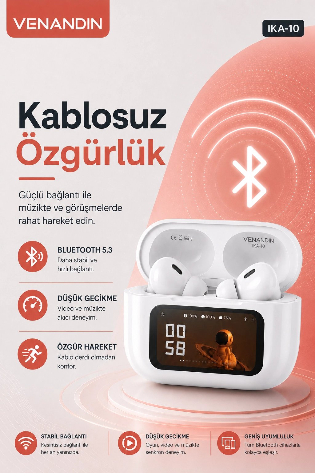 Akıllı Ekranlı Şarj Kutusuna Sahip Kablosuz Kulaklık Kulak İçi Stereo Ses Özellikli