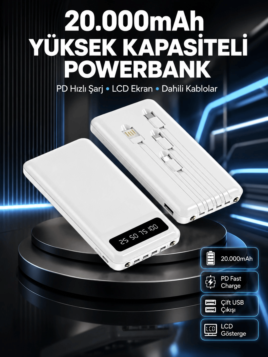 Akıllı LCD Ekranlı 20.000mAh Powerbank PD + USB + Type-C Yeni Nesil