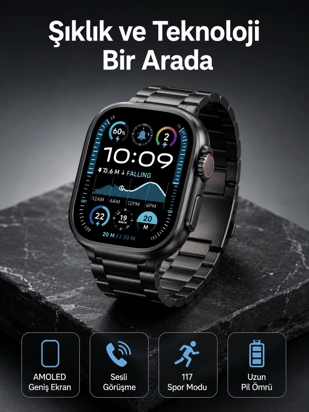 Akıllı Saat 3 Kordonlu Waterproof Adımsayar, Titreşim ve GPS Özelliği