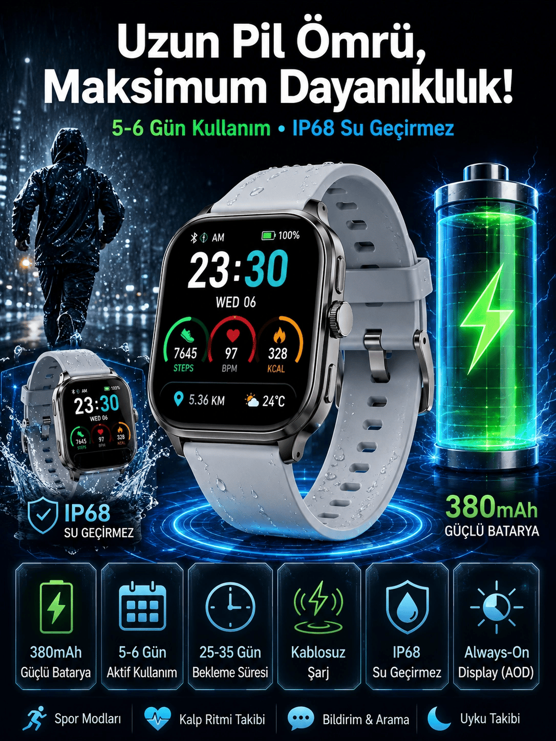 Akıllı Saat Sesli Görüşme Bluetooth Bağlantılı Kablosuz Şarj Özelliği Yeni Nesil