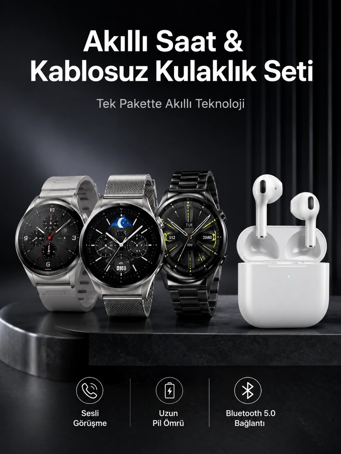 Akıllı Saat ve Kulaklık Seti Dokunmatik Ekran 5.0 Bluetooth Bağlantılı Sesli Görüşme