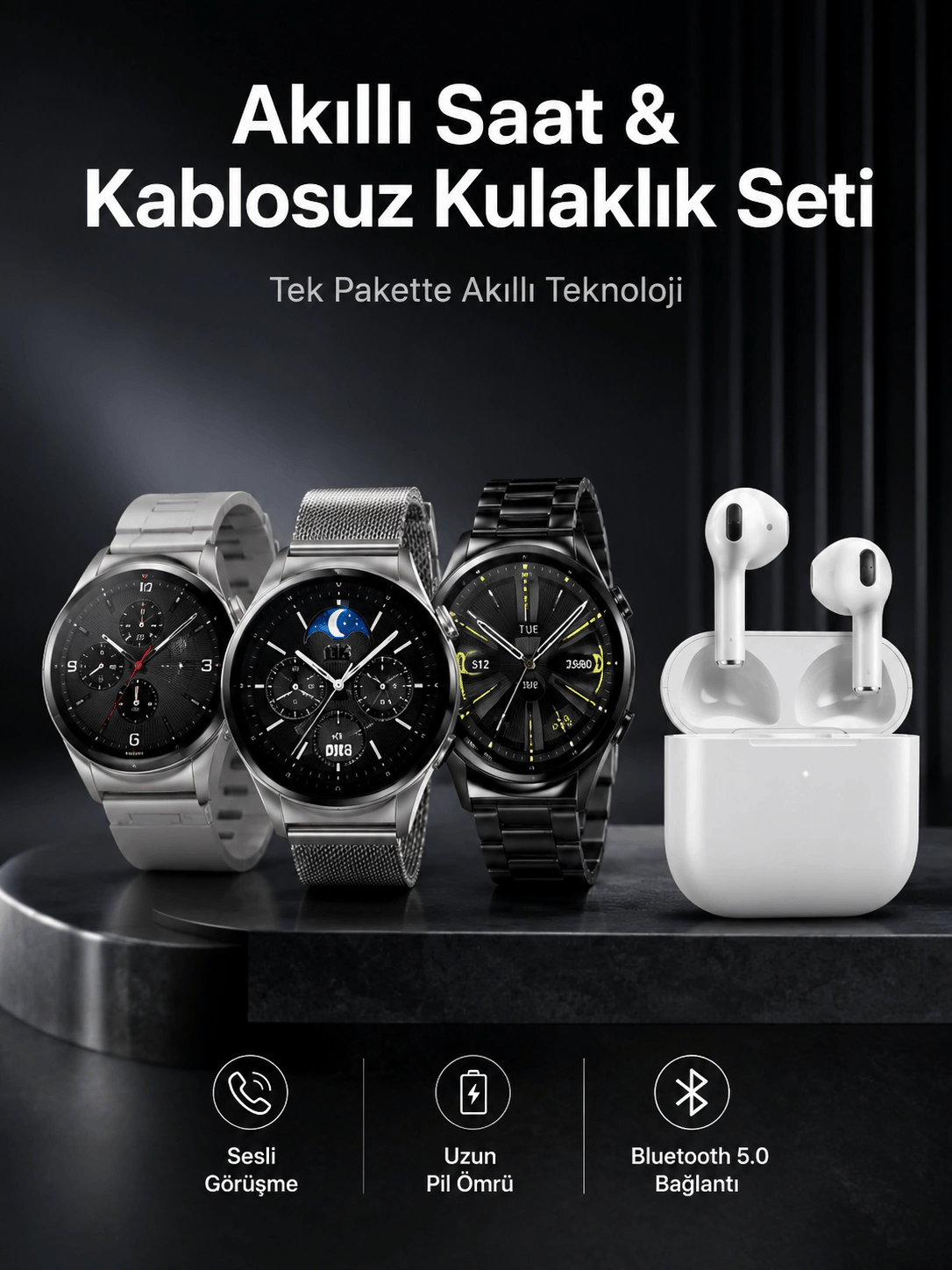 Akıllı Saat ve Kulaklık Seti Dokunmatik Ekran 5.0 Bluetooth Bağlantılı Sesli Görüşme