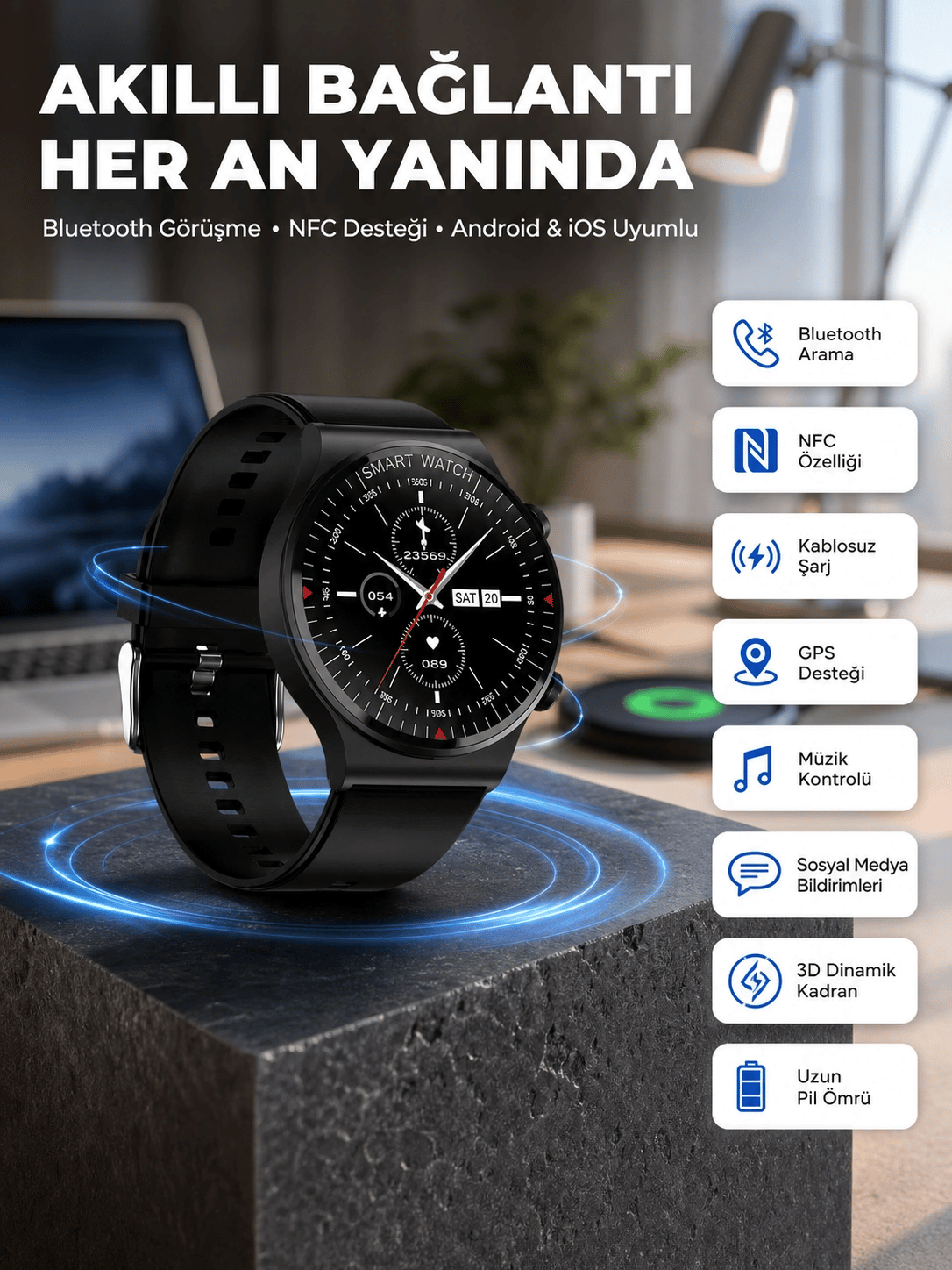 Akıllı Saat Yeni Nesil Üç Kordonlu Nabız Ölçer Çağrı Cevaplama