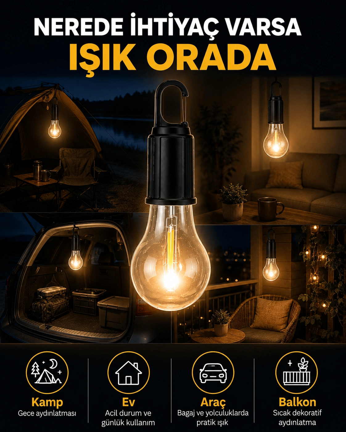 Akıllı Sensörlü USB Şarjlı Kamp Lambası