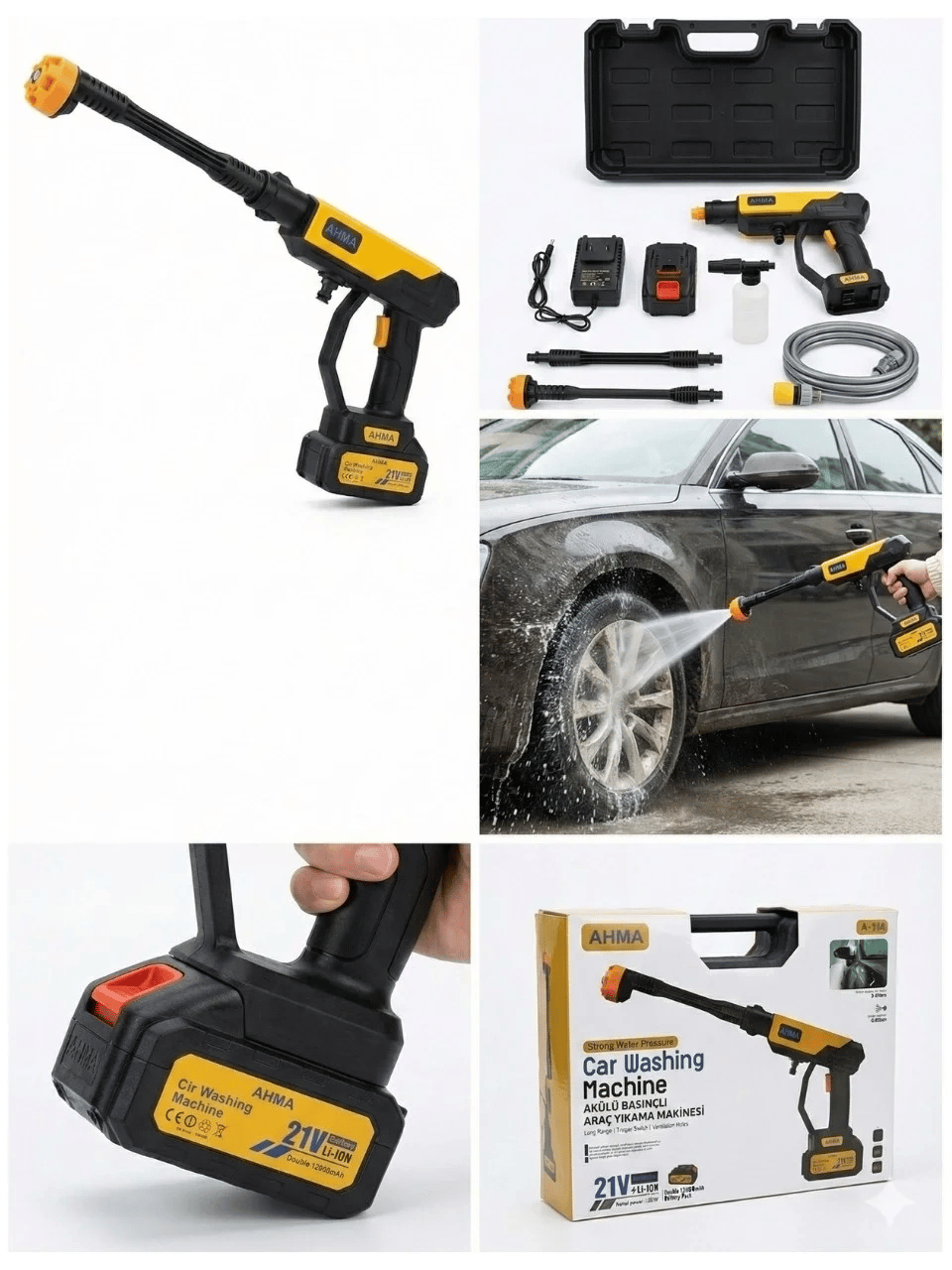 Akülü Basınçlı Araç Yıkama Makinesi | 21v Çift Batarya | 175 Psı Güç | 3.6l/dk Su Akışı A-130 Bx40