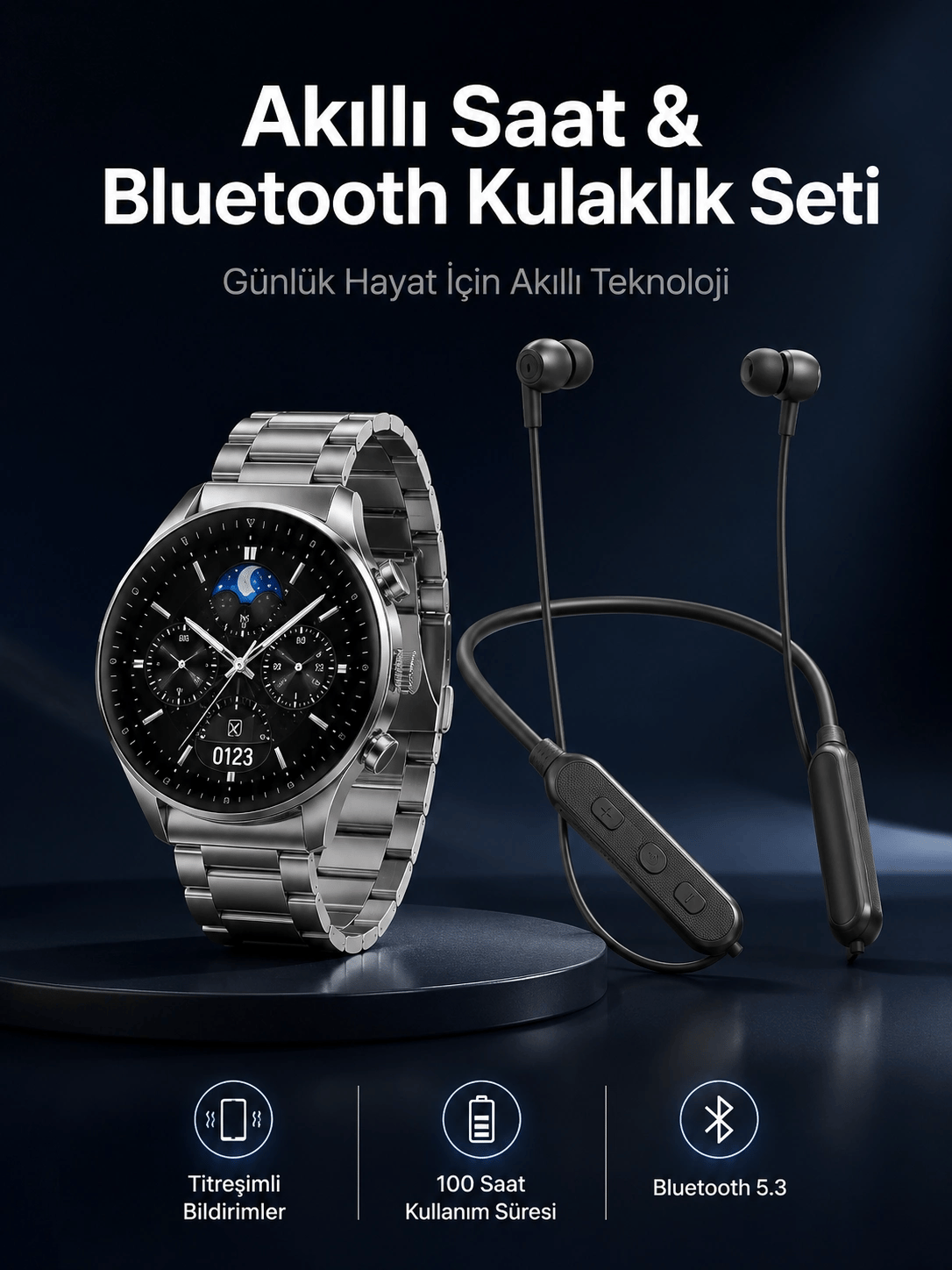 Alarm ve Titreşim Özellikli Akıllı Saat ve Mikrofonlu Kablolu Bluetooth Kulaklık 60 Saat