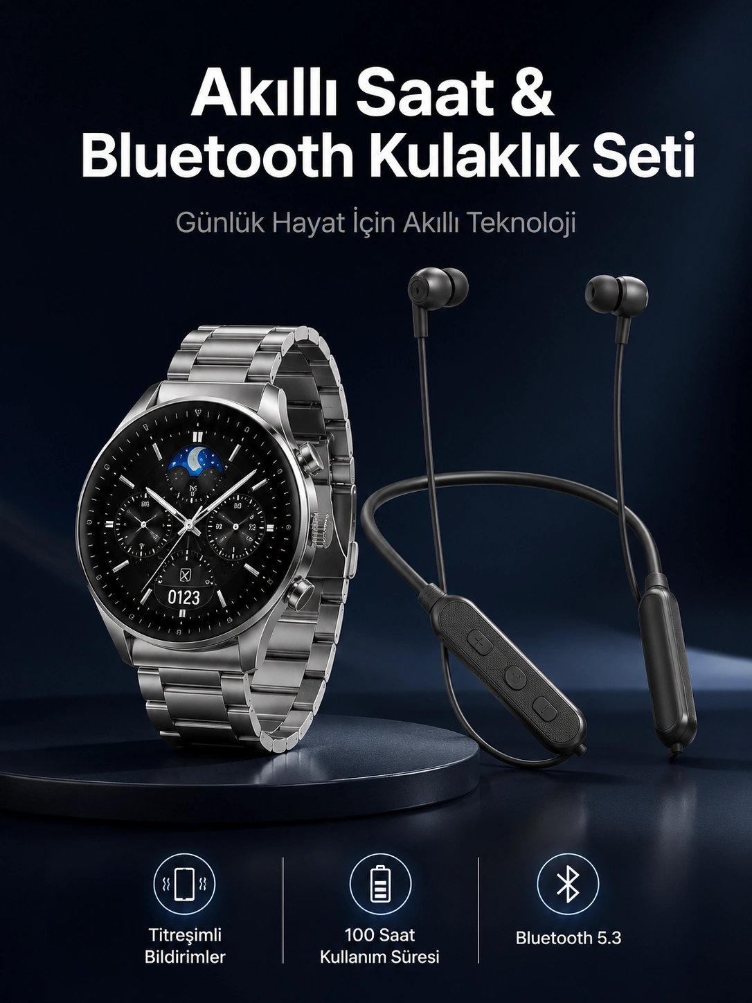 Alarm ve Titreşim Özellikli Akıllı Saat ve Mikrofonlu Kablolu Bluetooth Kulaklık 60 Saat