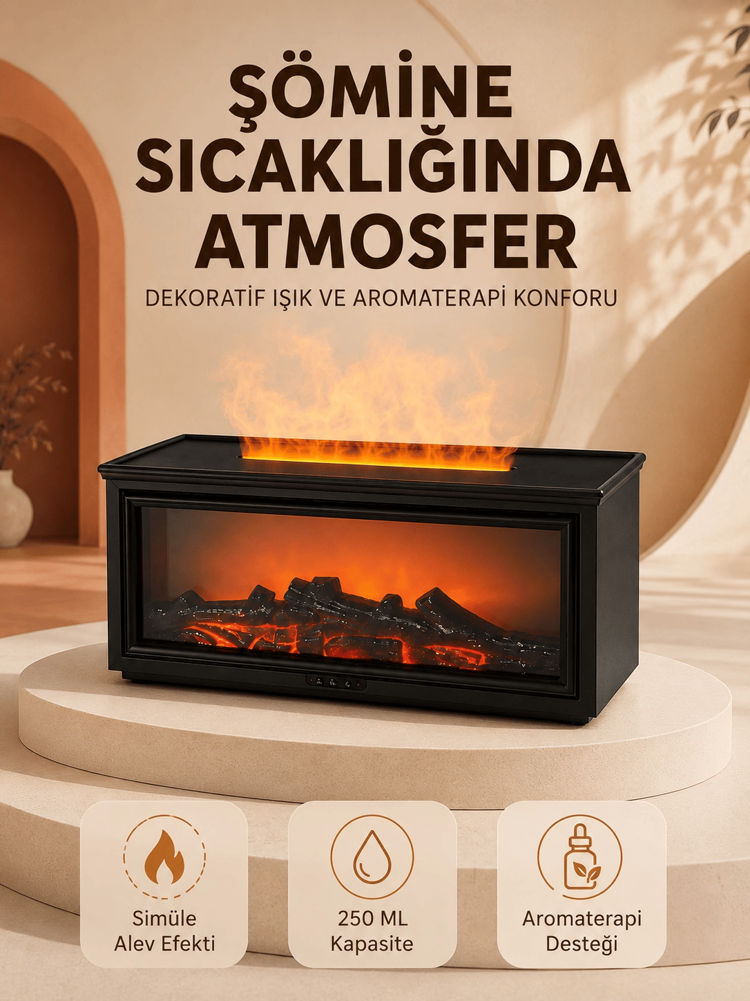 Alev Efektli Aroma Yayıcı Hava Nemlendirici Uzaktan Kumandalı Gece Lambası