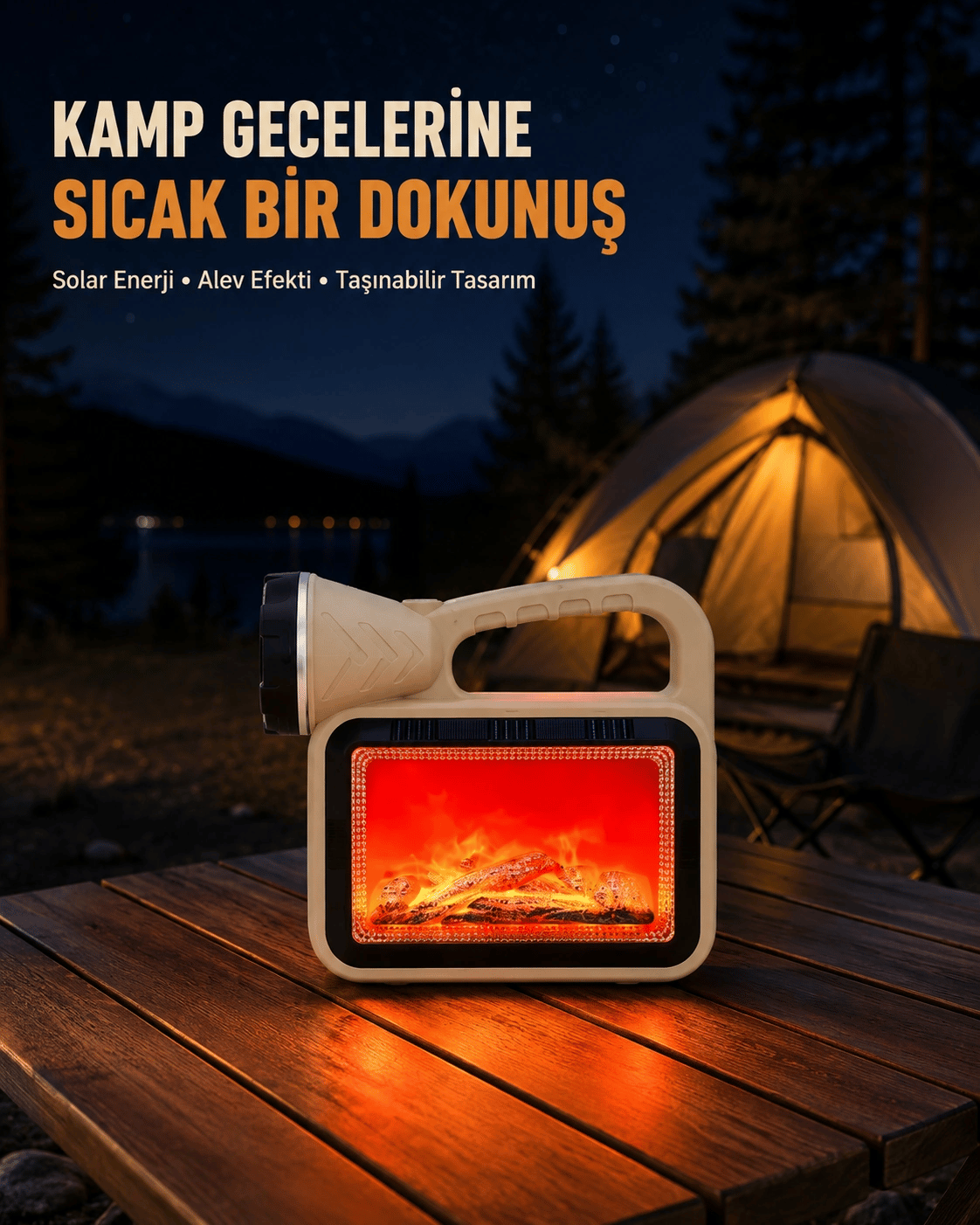 Alev Efektli Solar Lamba COB Işıklı Taşınabilir Bahçe Kamp Aydınlatma