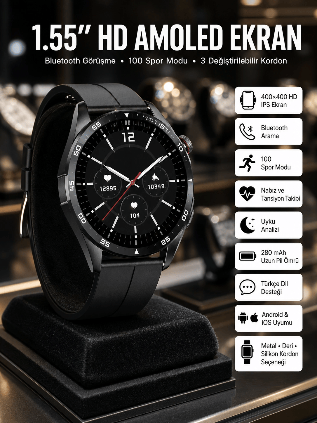 Amoled Ekran 3 Kordonlu Akıllı Saat 5.0 Bluetooth Bağlantılı Android ve İOS Uyumlu